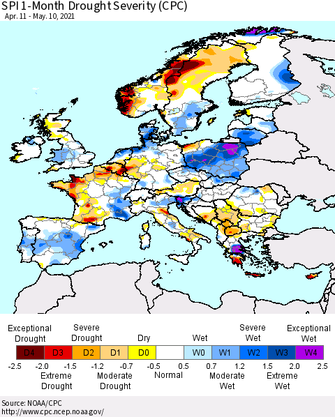 Europe SPI 1-Month Drought Severity (CPC) Thematic Map For 4/11/2021 - 5/10/2021