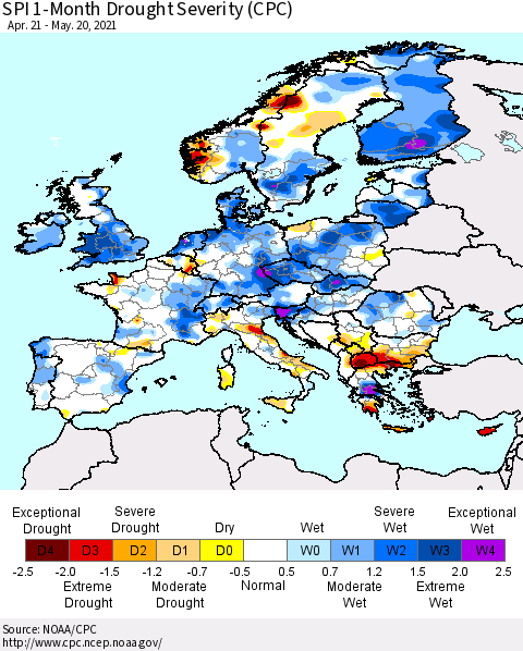 Europe SPI 1-Month Drought Severity (CPC) Thematic Map For 4/21/2021 - 5/20/2021