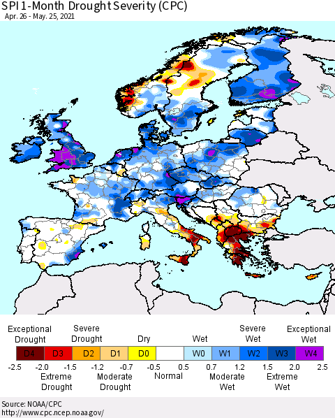 Europe SPI 1-Month Drought Severity (CPC) Thematic Map For 4/26/2021 - 5/25/2021