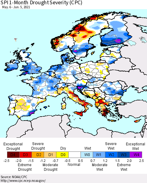 Europe SPI 1-Month Drought Severity (CPC) Thematic Map For 5/6/2021 - 6/5/2021