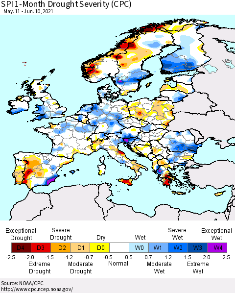 Europe SPI 1-Month Drought Severity (CPC) Thematic Map For 5/11/2021 - 6/10/2021