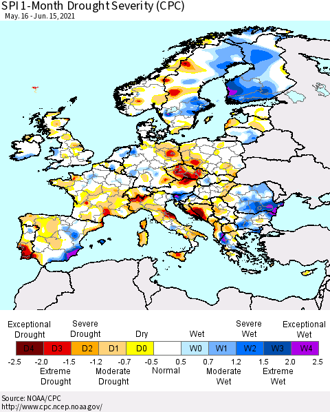 Europe SPI 1-Month Drought Severity (CPC) Thematic Map For 5/16/2021 - 6/15/2021