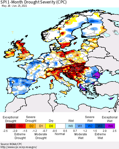 Europe SPI 1-Month Drought Severity (CPC) Thematic Map For 5/26/2021 - 6/25/2021