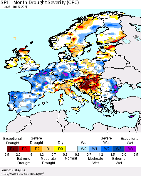Europe SPI 1-Month Drought Severity (CPC) Thematic Map For 6/6/2021 - 7/5/2021