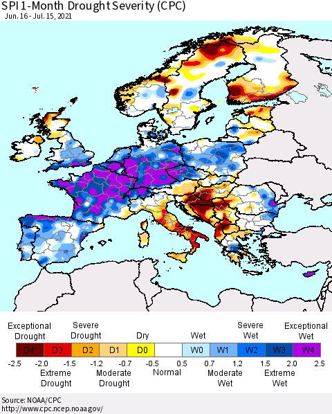Europe SPI 1-Month Drought Severity (CPC) Thematic Map For 6/16/2021 - 7/15/2021