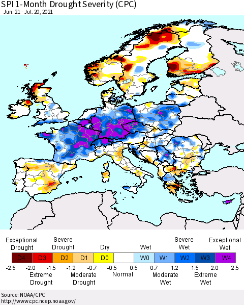Europe SPI 1-Month Drought Severity (CPC) Thematic Map For 6/21/2021 - 7/20/2021