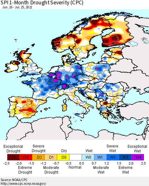 Europe SPI 1-Month Drought Severity (CPC) Thematic Map For 6/26/2021 - 7/25/2021