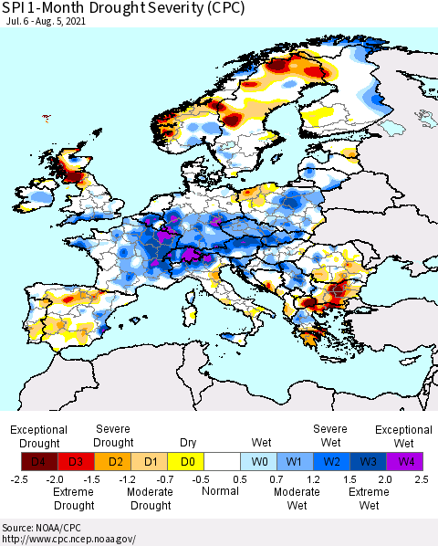 Europe SPI 1-Month Drought Severity (CPC) Thematic Map For 7/6/2021 - 8/5/2021