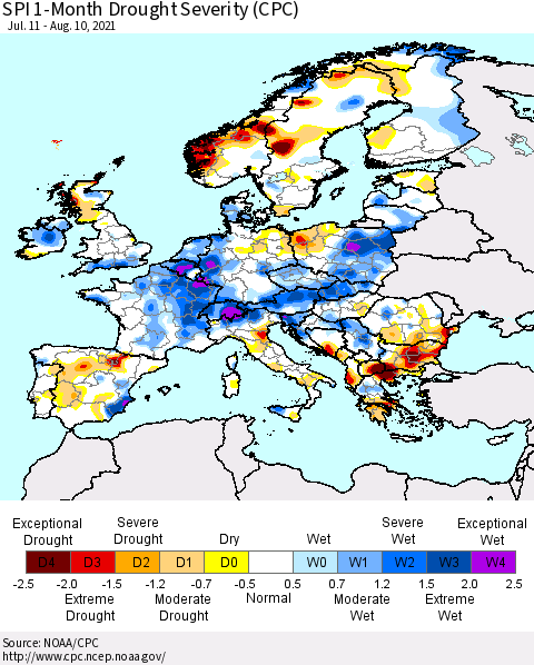 Europe SPI 1-Month Drought Severity (CPC) Thematic Map For 7/11/2021 - 8/10/2021
