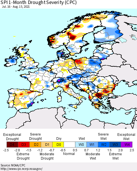 Europe SPI 1-Month Drought Severity (CPC) Thematic Map For 7/16/2021 - 8/15/2021