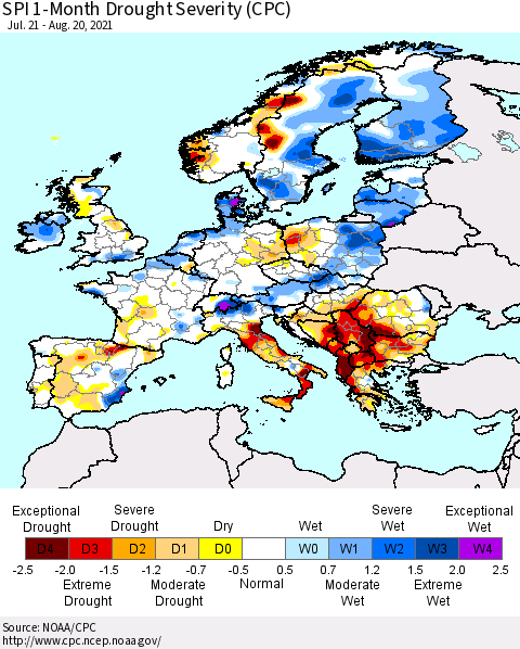 Europe SPI 1-Month Drought Severity (CPC) Thematic Map For 7/21/2021 - 8/20/2021