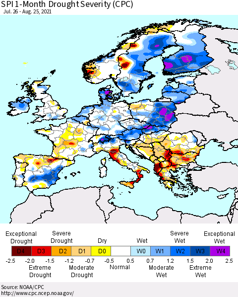 Europe SPI 1-Month Drought Severity (CPC) Thematic Map For 7/26/2021 - 8/25/2021