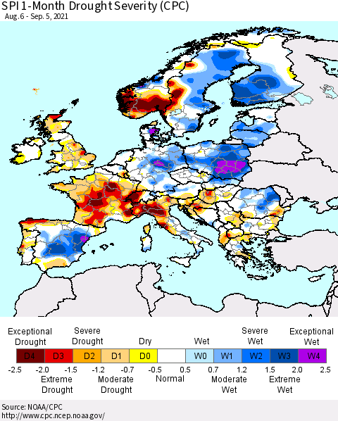 Europe SPI 1-Month Drought Severity (CPC) Thematic Map For 8/6/2021 - 9/5/2021