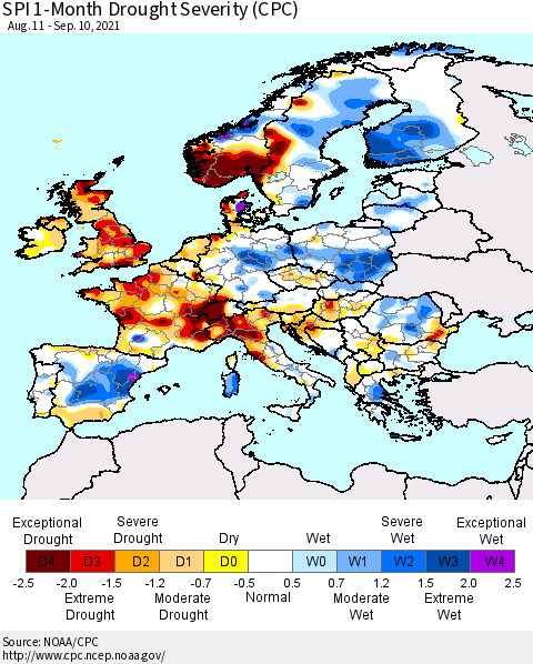 Europe SPI 1-Month Drought Severity (CPC) Thematic Map For 8/11/2021 - 9/10/2021