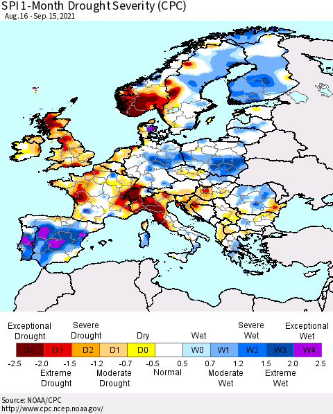 Europe SPI 1-Month Drought Severity (CPC) Thematic Map For 8/16/2021 - 9/15/2021