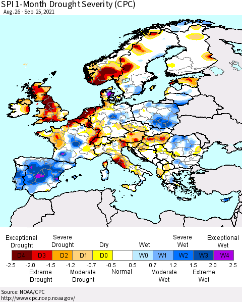 Europe SPI 1-Month Drought Severity (CPC) Thematic Map For 8/26/2021 - 9/25/2021