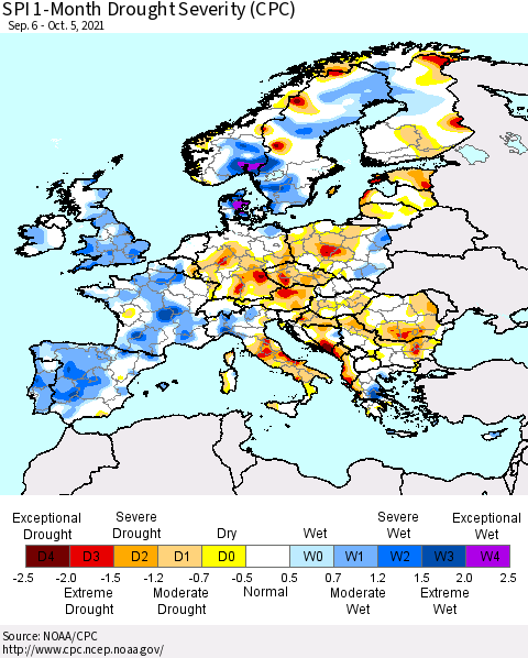 Europe SPI 1-Month Drought Severity (CPC) Thematic Map For 9/6/2021 - 10/5/2021