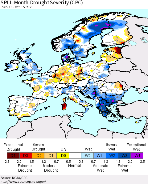 Europe SPI 1-Month Drought Severity (CPC) Thematic Map For 9/16/2021 - 10/15/2021