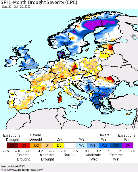 Europe SPI 1-Month Drought Severity (CPC) Thematic Map For 9/21/2021 - 10/20/2021