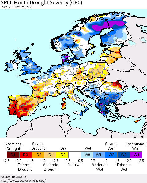 Europe SPI 1-Month Drought Severity (CPC) Thematic Map For 9/26/2021 - 10/25/2021