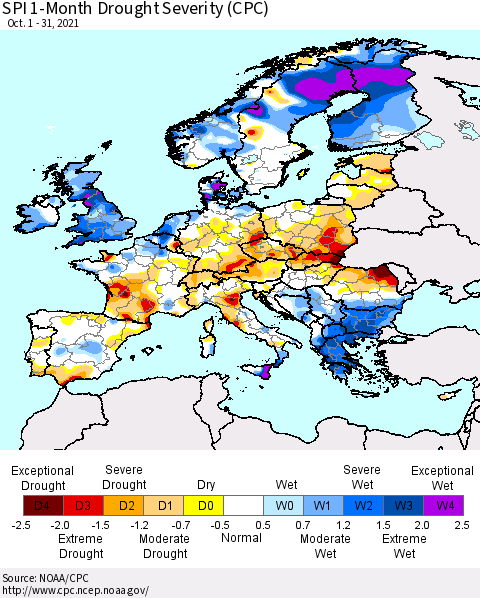 Europe SPI 1-Month Drought Severity (CPC) Thematic Map For 10/1/2021 - 10/31/2021