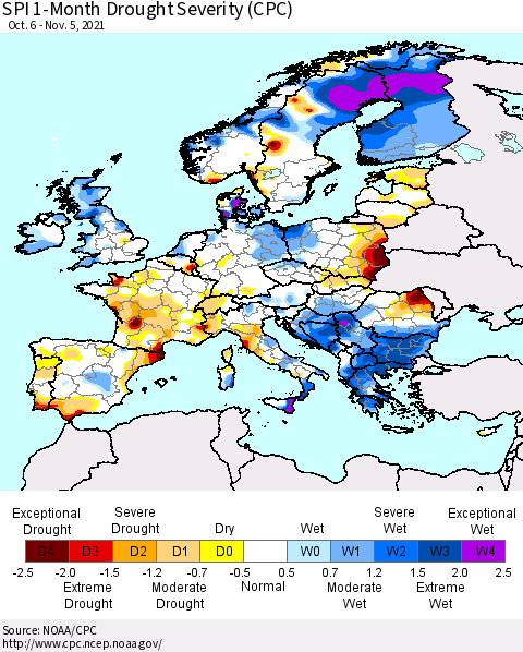 Europe SPI 1-Month Drought Severity (CPC) Thematic Map For 10/6/2021 - 11/5/2021