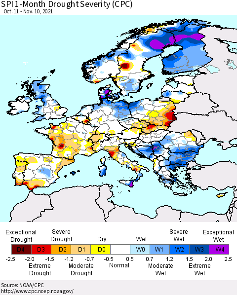 Europe SPI 1-Month Drought Severity (CPC) Thematic Map For 10/11/2021 - 11/10/2021