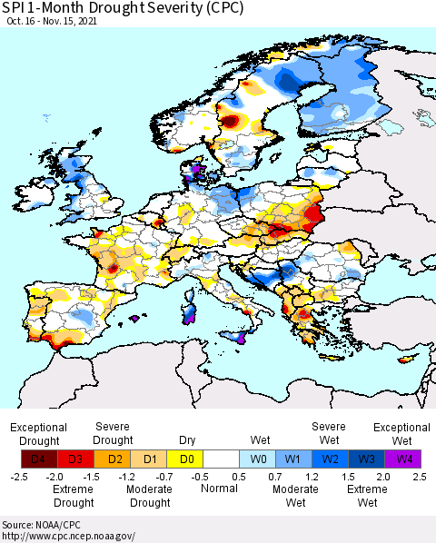 Europe SPI 1-Month Drought Severity (CPC) Thematic Map For 10/16/2021 - 11/15/2021