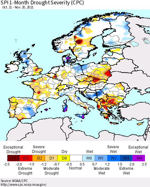 Europe SPI 1-Month Drought Severity (CPC) Thematic Map For 10/21/2021 - 11/20/2021