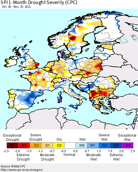Europe SPI 1-Month Drought Severity (CPC) Thematic Map For 10/26/2021 - 11/25/2021