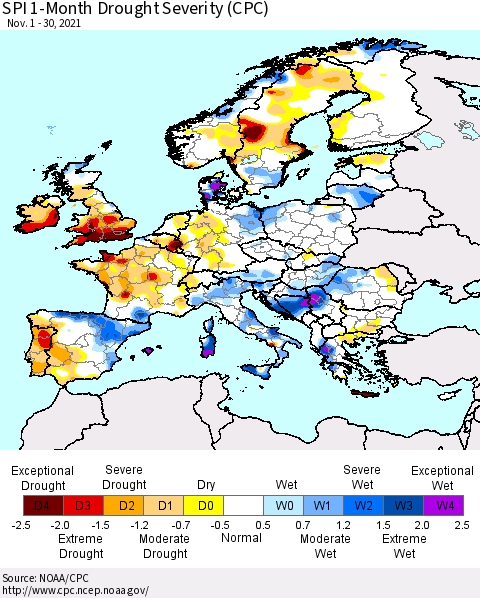 Europe SPI 1-Month Drought Severity (CPC) Thematic Map For 11/1/2021 - 11/30/2021