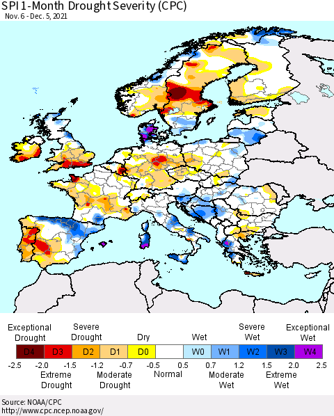 Europe SPI 1-Month Drought Severity (CPC) Thematic Map For 11/6/2021 - 12/5/2021