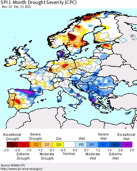 Europe SPI 1-Month Drought Severity (CPC) Thematic Map For 11/16/2021 - 12/15/2021