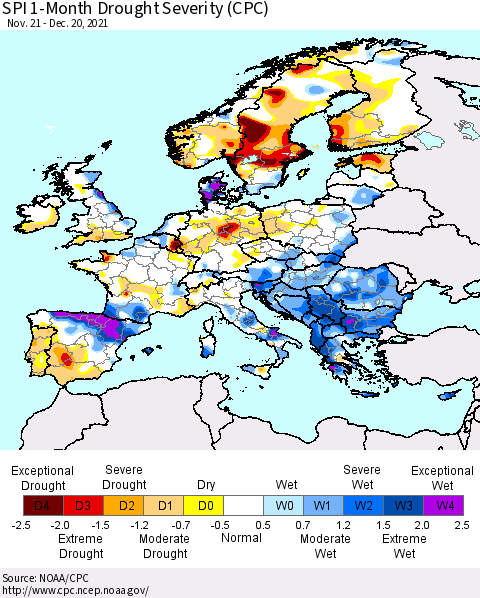 Europe SPI 1-Month Drought Severity (CPC) Thematic Map For 11/21/2021 - 12/20/2021