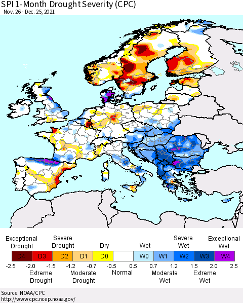 Europe SPI 1-Month Drought Severity (CPC) Thematic Map For 11/26/2021 - 12/25/2021