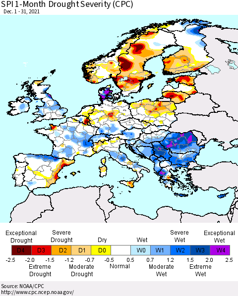 Europe SPI 1-Month Drought Severity (CPC) Thematic Map For 12/1/2021 - 12/31/2021