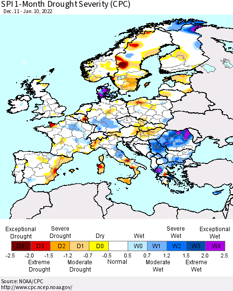 Europe SPI 1-Month Drought Severity (CPC) Thematic Map For 12/11/2021 - 1/10/2022