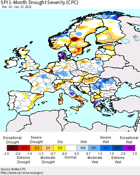 Europe SPI 1-Month Drought Severity (CPC) Thematic Map For 12/16/2021 - 1/15/2022