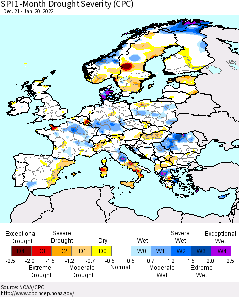 Europe SPI 1-Month Drought Severity (CPC) Thematic Map For 12/21/2021 - 1/20/2022