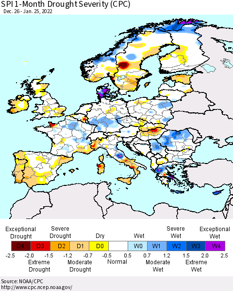 Europe SPI 1-Month Drought Severity (CPC) Thematic Map For 12/26/2021 - 1/25/2022