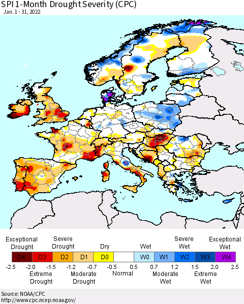 Europe SPI 1-Month Drought Severity (CPC) Thematic Map For 1/1/2022 - 1/31/2022