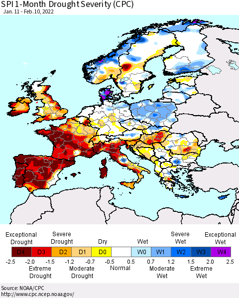 Europe SPI 1-Month Drought Severity (CPC) Thematic Map For 1/11/2022 - 2/10/2022