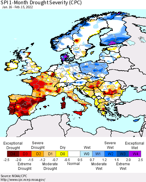 Europe SPI 1-Month Drought Severity (CPC) Thematic Map For 1/16/2022 - 2/15/2022