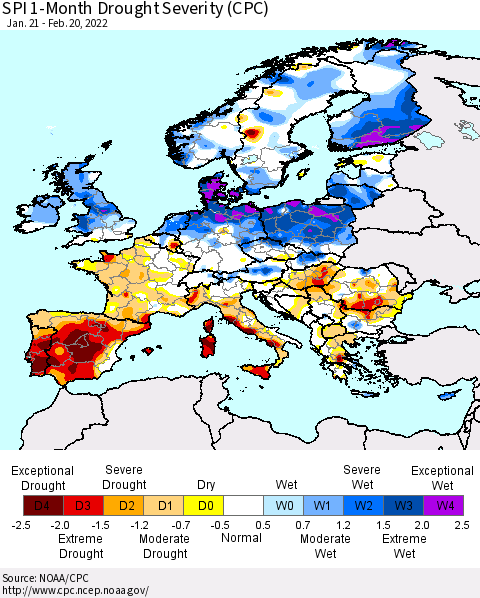 Europe SPI 1-Month Drought Severity (CPC) Thematic Map For 1/21/2022 - 2/20/2022