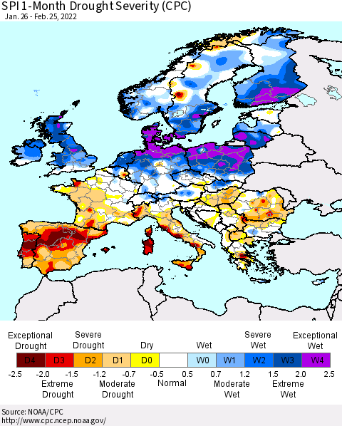 Europe SPI 1-Month Drought Severity (CPC) Thematic Map For 1/26/2022 - 2/25/2022