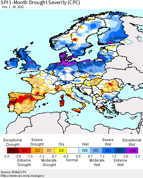 Europe SPI 1-Month Drought Severity (CPC) Thematic Map For 2/1/2022 - 2/28/2022