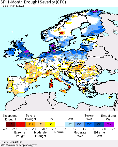 Europe SPI 1-Month Drought Severity (CPC) Thematic Map For 2/6/2022 - 3/5/2022