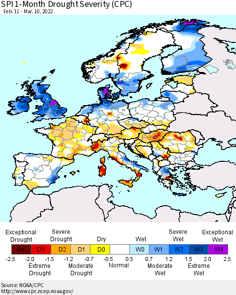 Europe SPI 1-Month Drought Severity (CPC) Thematic Map For 2/11/2022 - 3/10/2022