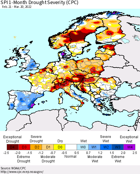 Europe SPI 1-Month Drought Severity (CPC) Thematic Map For 2/21/2022 - 3/20/2022