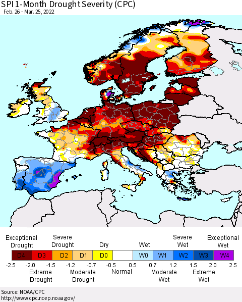 Europe SPI 1-Month Drought Severity (CPC) Thematic Map For 2/26/2022 - 3/25/2022